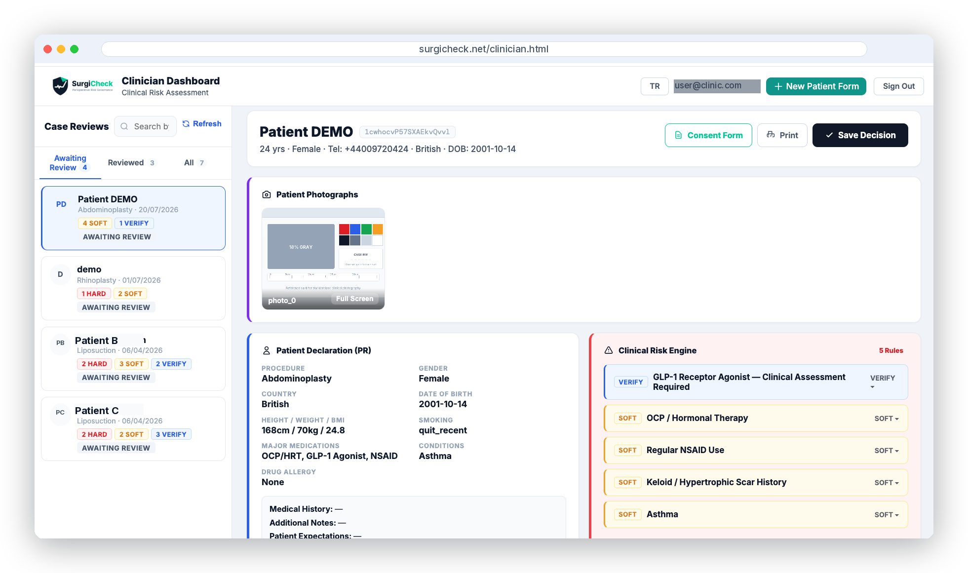 SurgiCheck clinician dashboard showing patient case review and clinical risk engine flags